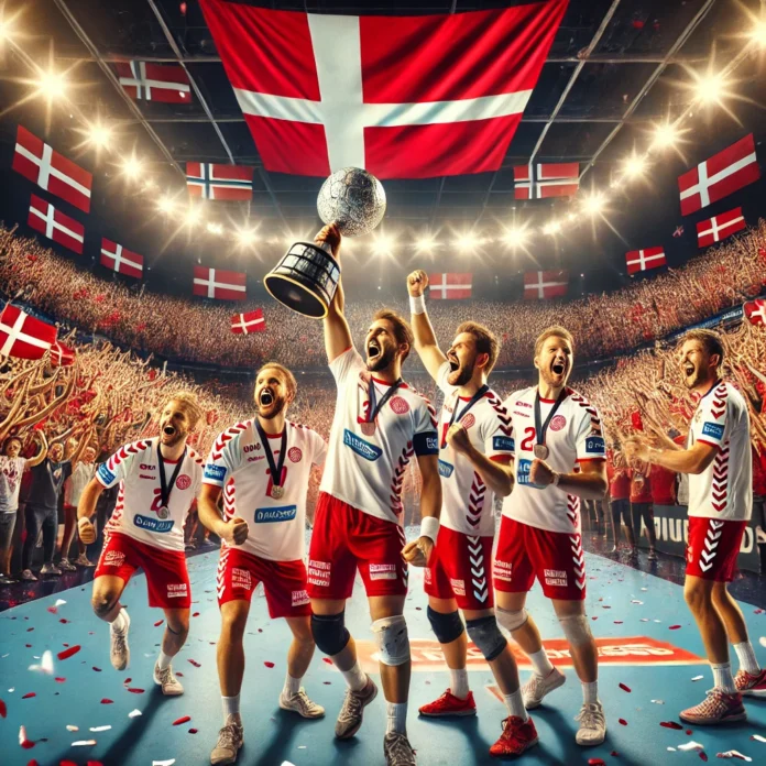 danmark håndbold, håndboldlandshold, verdensmestre håndbold, danmark vinder VM, mathias gidsel, emil nielsen, rasmus lauge, magnus landin, simon hald, håndbold fejring, danmark håndbold triumf, håndbold fans, rødt og hvidt, danske flag, håndbold arena, sportssejr, VM 2025 håndbold, dansk håndboldsucces, sportsbillede, håndboldfinale