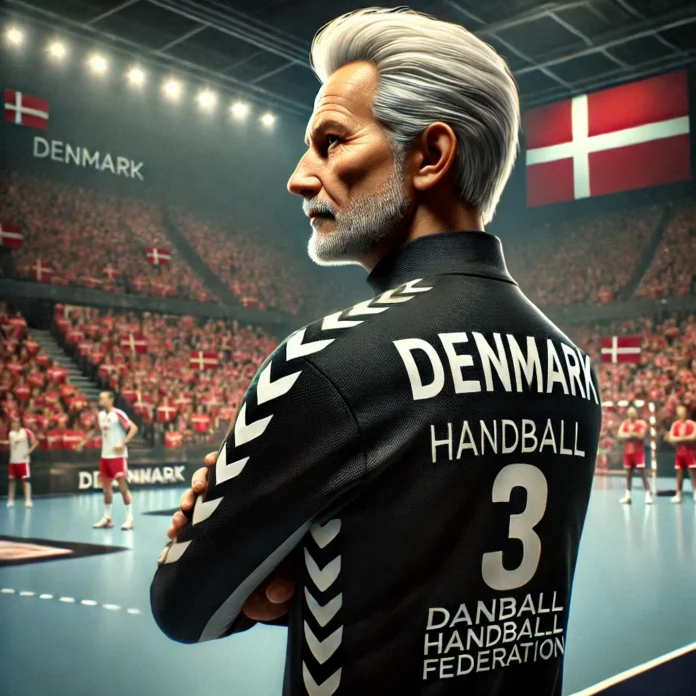 Nikolaj Jacobsen, dansk håndboldtræner, håndbold coach, danmark håndbold, verdensmestre håndbold, landstræner Nikolaj Jacobsen, danmark vinder VM, håndbold strategi, håndbold taktik, Nikolaj Jacobsen fejring, håndbold lederskab, danmark sportssejr, træner jubler, håndbold arena, rød og hvid, danish coach, sportsbillede, danmark håndboldhistorie, træner triumf, Nikolaj Jacobsen VM