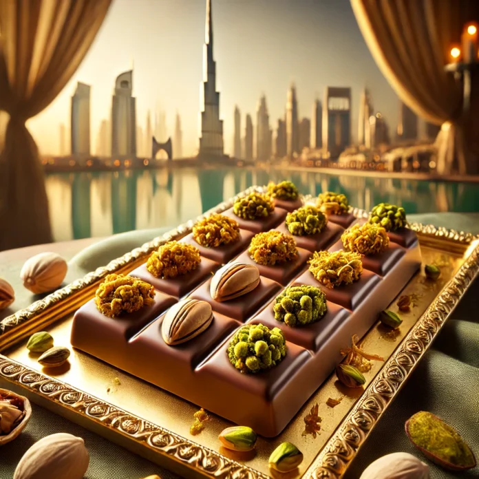 Dubai chokolade Luksuschokolade Pistacie chokolade Eksklusiv chokolade Håndlavet chokolade Gourmet dessert Kadayif chokolade Dubai specialitet Chokolade delikatesse Chokolade med pistacie Premium chokolade Dubai inspireret dessert Trendy chokolade Eksotisk chokolade Chokolade med nøddefyld