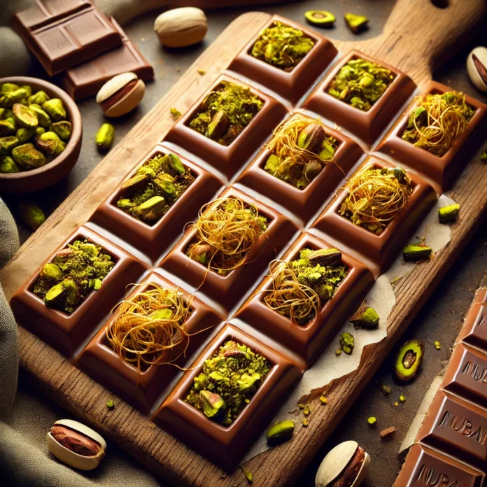 Hjemmelavet Dubai chokolade Dubai chokolade opskrift Pistacie fyldt chokolade Luksus chokoladebar Knasende kadayif chokolade Mælkechokolade med pistacie Gourmet chokolade dessert Eksklusiv chokolade fra Dubai Chokolade med nøddefyld Kunafa chokolade Hjemmelavet luksuschokolade Trendy chokoladebar Chokolade delikatesse Pistacie chokolade specialitet Håndlavet dessert chokolade