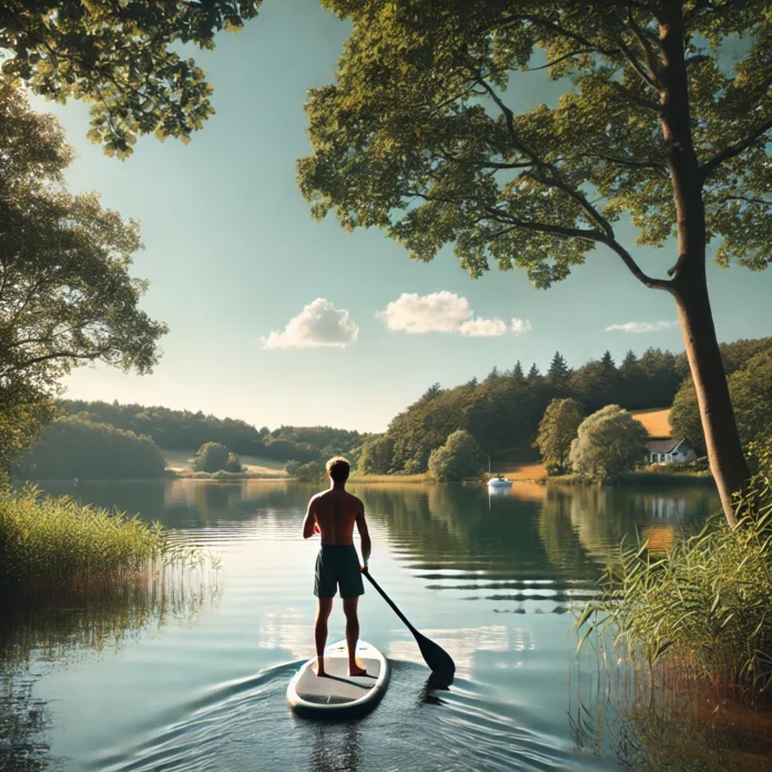 Person på stand up paddleboard (SUP) på en dansk sø en solrig sommerdag