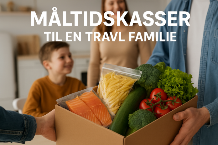 Familie modtager måltidskasse fyldt med friske ingredienser som laks, pasta og grøntsager – perfekt til en travl hverdag.