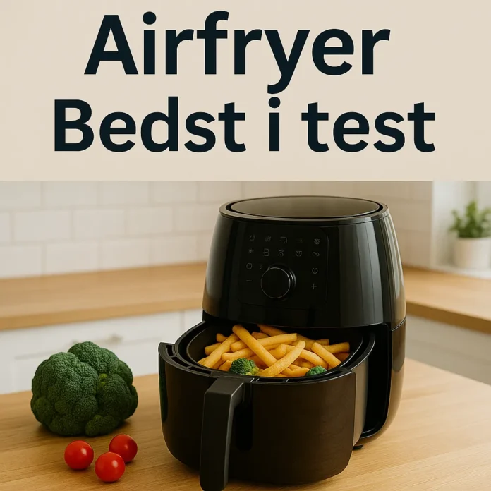 Sort airfryer på køkkenbord med sprøde pommes frites og grøntsager, samt teksten “Airfryer Bedst i test”
