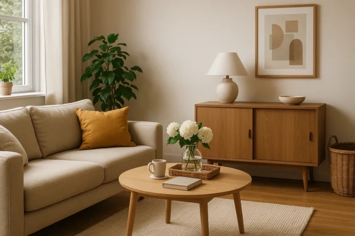 Stilfuld skandinavisk stue med sofa, træmøbler og dekoration – alt til hjemmet samlet ét sted