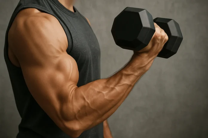 Muskuløs arm i gang med biceps curl med håndvægt – styrketræning i fokus